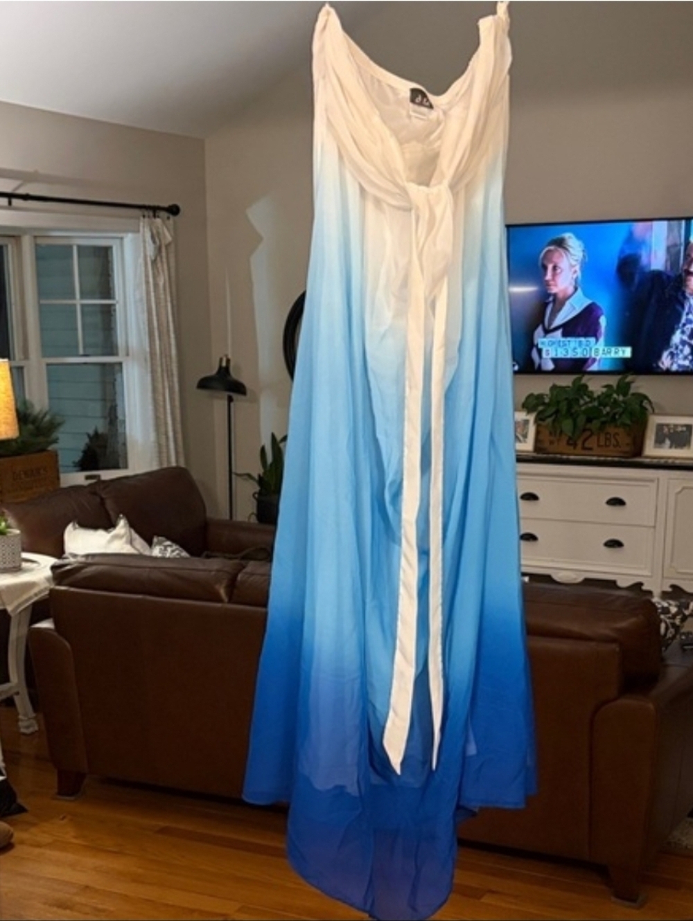 Ombre Blue Maxi Dress with Draped Neckline